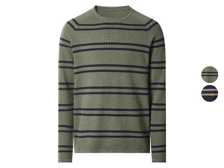 Pull rayé pour homme, vert olive avec des rayures bleu marine.