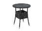 Table de bar ronde en rotin noir avec plateau en verre et étagère inférieure.