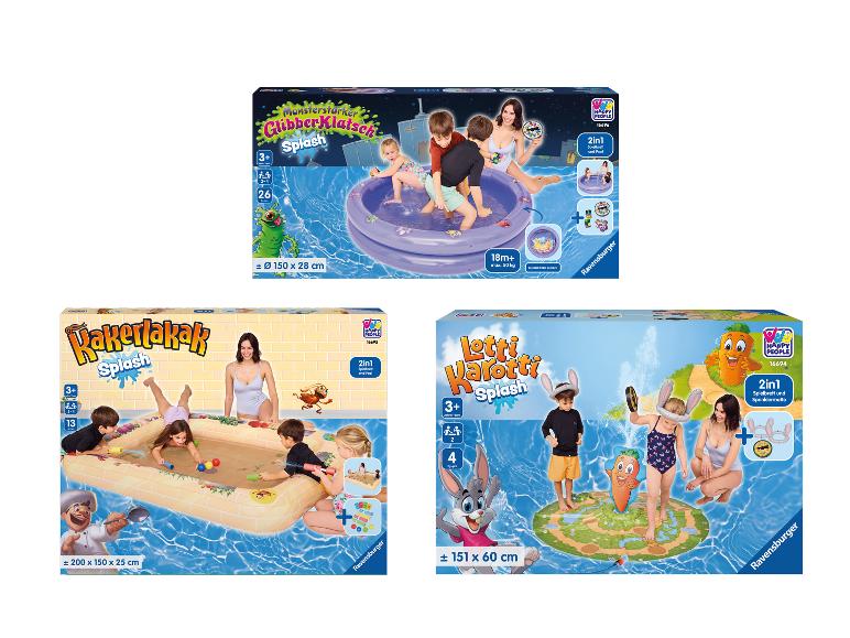 Trois produits de jeu aquatique Ravensburger Happy People : GlibberKlatsch Splash, Kakerlakak Splash et Lotti Karotti Splash.