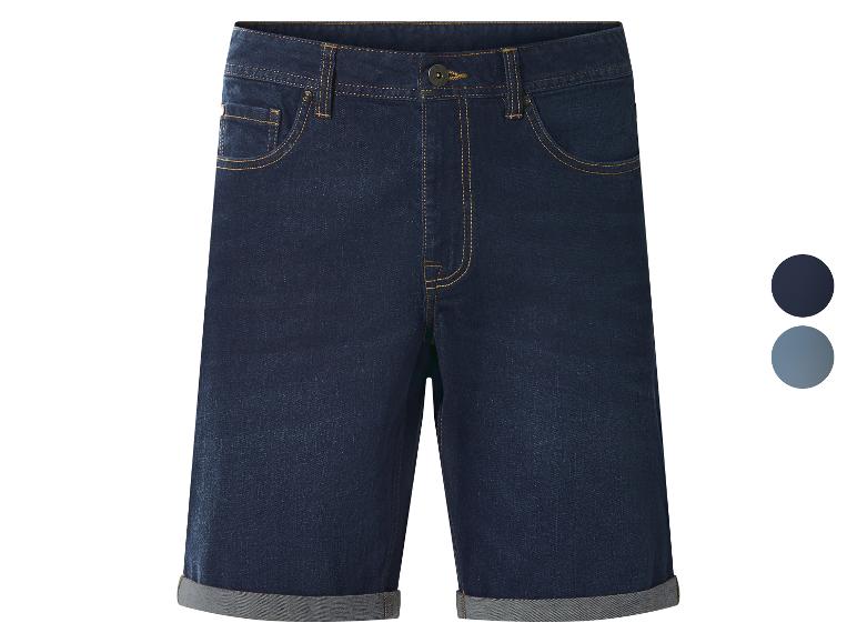 Short en jean bleu foncé pour homme avec ourlets retroussés, avec échantillons de couleur.