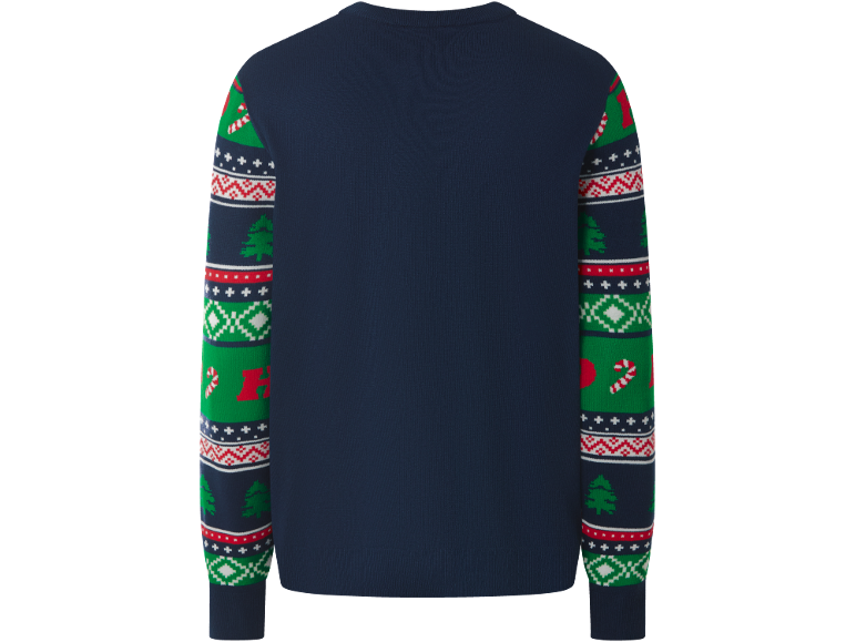 Dos d'un pull de Noël bleu marine avec des manches à motifs.