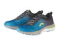 Deux chaussures de course bleues avec des lacets noirs.