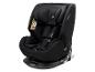 Siège auto noir pour enfant avec harnais de sécurité et base pivotante.