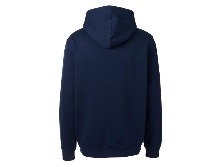 Vue arrière d'un sweat à capuche bleu marine uni sur fond blanc.