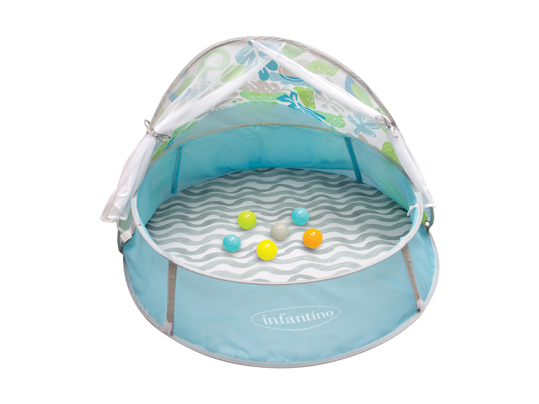 Piscine et tente Infantinos avec balles colorées, design tropical.