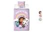 Parure de lit enfant violette avec un arc-en-ciel, une fille et des personnages de dessins animés, avec le texte « DREAM IT UP ! »