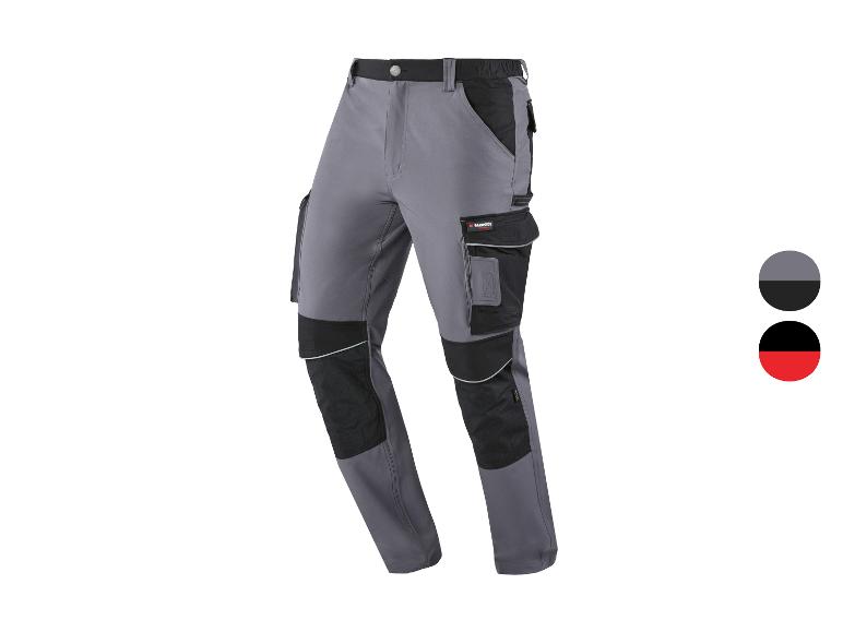 Pantalon de travail homme gris et noir avec poches et renforts aux genoux.