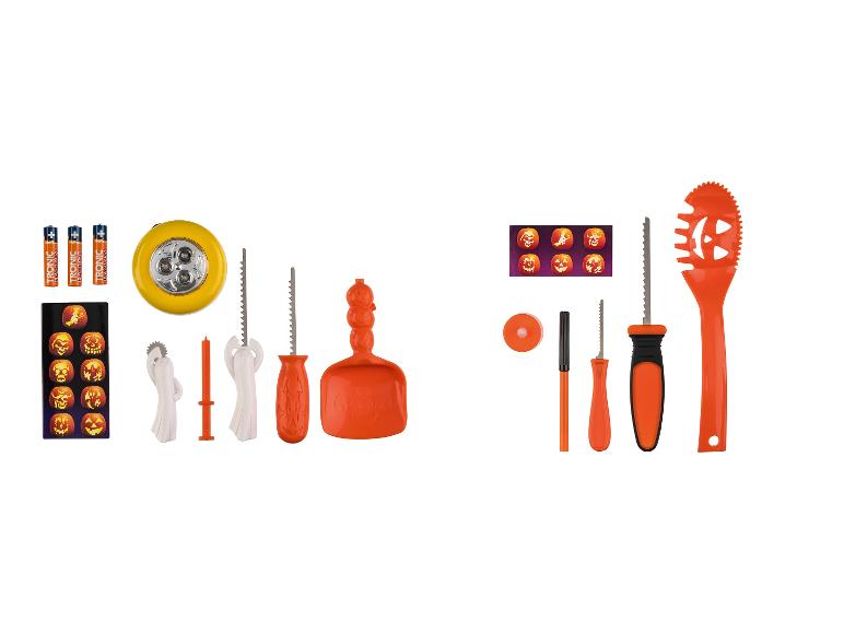 Kit de sculpture de citrouilles avec outils, pochoirs et accessoires.