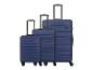 Ensemble de trois valises bleues de tailles différentes avec poignées télescopiques et roulettes.