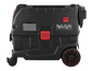 Un aspirateur noir avec des accents rouges et des roues.