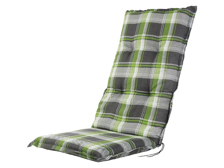 Un coussin de chaise à carreaux vert et gris.