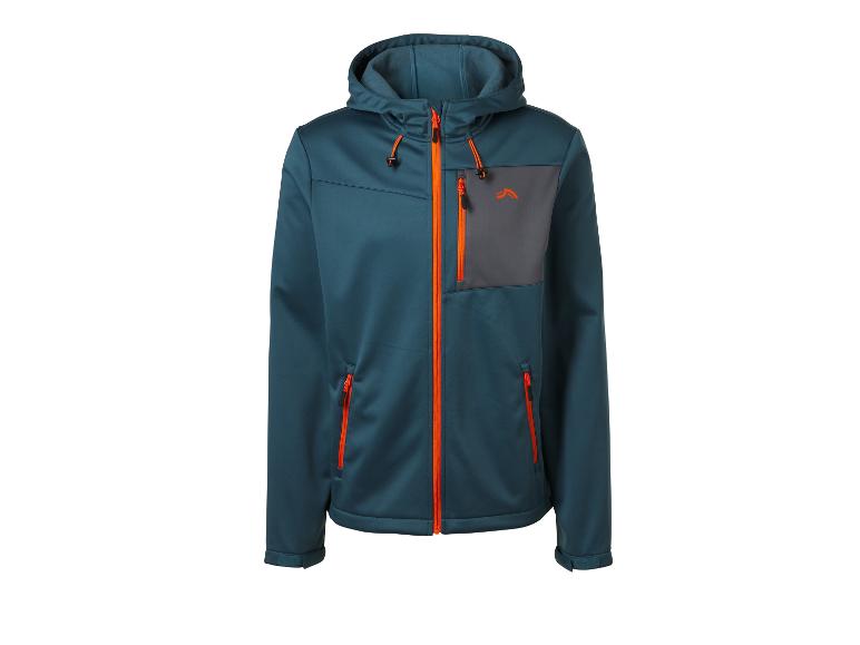 Veste à capuche pour homme, bleu foncé avec fermetures éclair orange et poche grise.