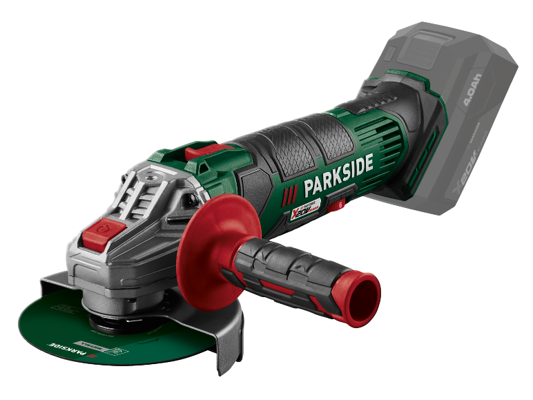 Meuleuse d'angle sans fil avec corps vert, détails rouges et batterie grise.