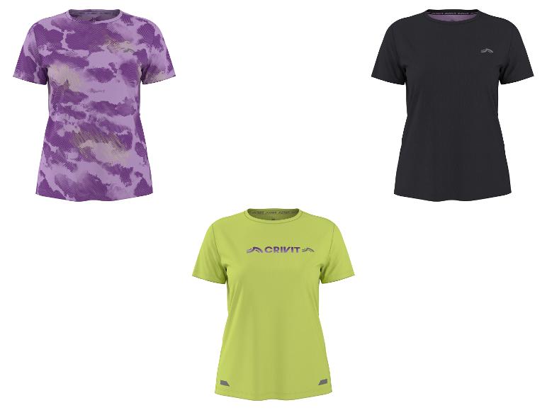 T-shirts de sport pour femmes : un violet à motifs, un noir et un vert lime avec logo.