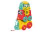 Un train Disney Baby jaune, rouge et vert avec des roues et des engrenages.