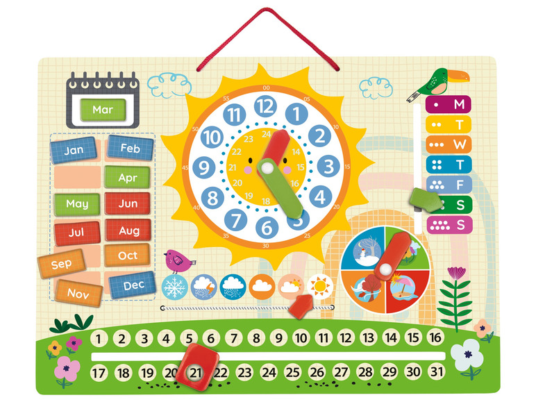 Un calendrier en bois avec une horloge, les jours de la semaine, les mois et les saisons.