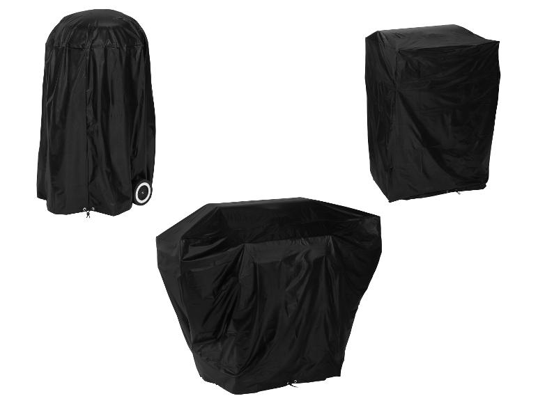 Housses de protection noires pour barbecue ou chauffage de terrasse, présentées sous différents angles.