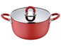 Casserole rouge avec couvercle en verre.