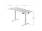Bureau assis-debout blanc avec dimensions : 160 cm de large, 75 cm de profondeur, hauteur réglable de 72 à 117 cm.