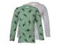Deux t-shirts à manches longues pour enfants : un vert à motifs dinosaures et un gris uni.