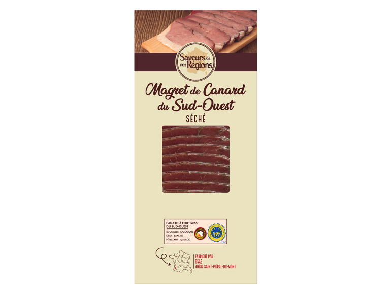 Emballage de magret de canard séché avec le logo « Saveurs de nos Régions » et l'indication d'origine.