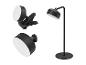 Lampes de bureau et à pince noires avec bouton d'alimentation.