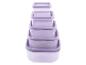 Un ensemble de quatre contenants alimentaires carrés en plastique avec des couvercles violets.