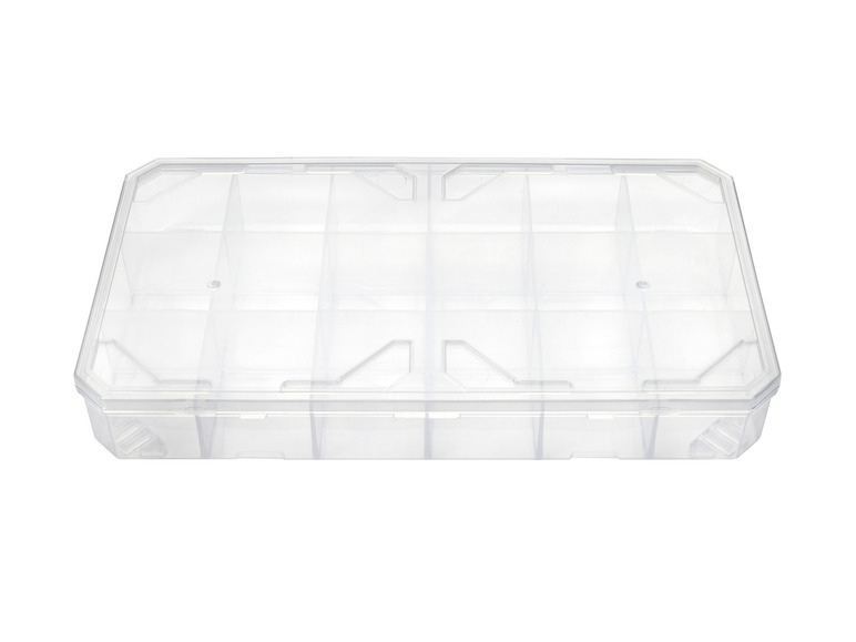 Une boîte de rangement transparente avec plusieurs compartiments.