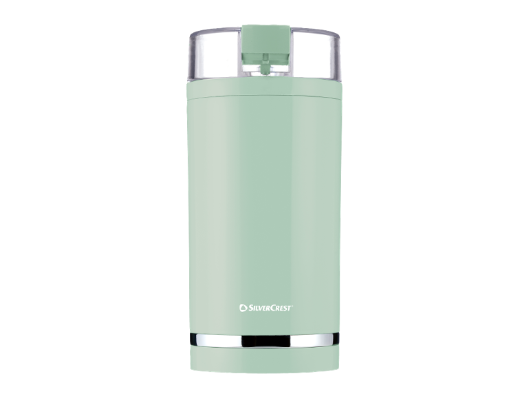 Moulin à café vert clair avec couvercle transparent et détail argenté.