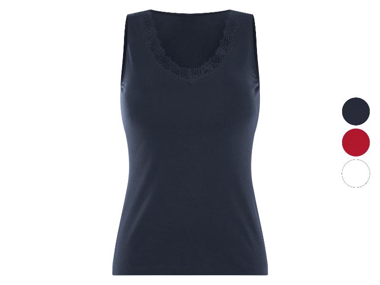 Un débardeur bleu marine avec de la dentelle au col, disponible en plusieurs couleurs.