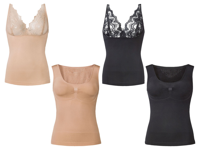 Quatre débardeurs pour femmes avec et sans soutien-gorge intégré, en noir et couleur chair.