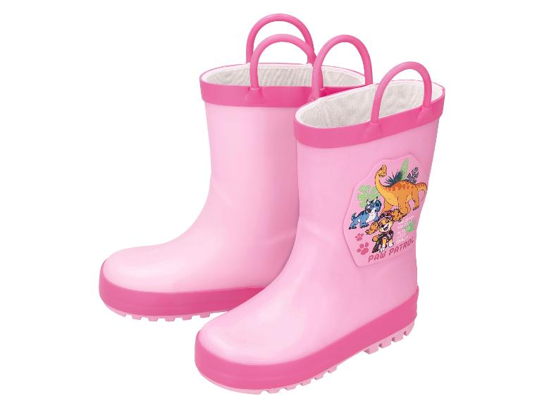 Bottes de pluie roses pour enfants avec des personnages de dessins animés et des dinosaures.