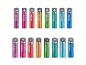 Deux rangées de piles rechargeables colorées, AAA 1000mAh et AA 2500mAh, en violet, rose, rouge, orange, vert, sarcelle et bleu.