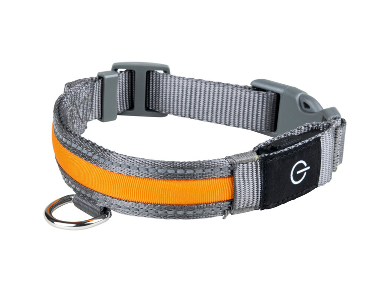 Un collier pour chien gris avec une bande réfléchissante orange et un anneau en D en métal.