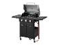 Barbecue à gaz GRILLMEISTER noir avec couvercle ouvert et roulettes