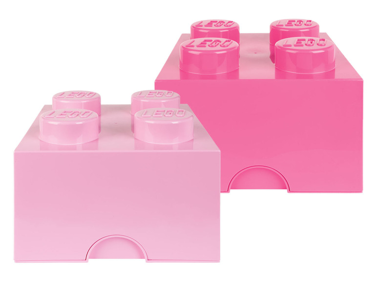 Deux boîtes de rangement LEGO roses.