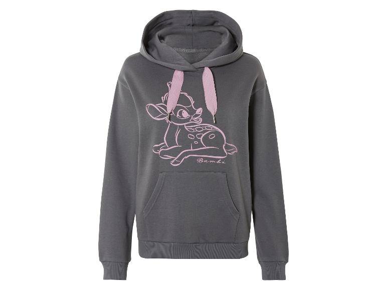 Un sweat-shirt gris avec un motif Bambi et des lacets roses.