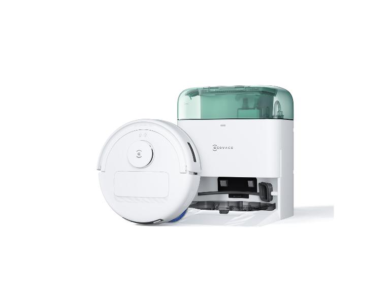 Un robot aspirateur Ecovacs avec sa base de chargement.