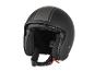 Un casque de moto noir avec une bande grise.