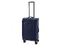 Valise en tissu bleu à roulettes avec poignée télescopique.