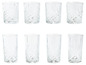 Six verres avec un motif gravé, dont quatre verres bas et deux verres hauts.
