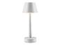 Une lampe de table blanche avec un pied cylindrique et un abat-jour rond.