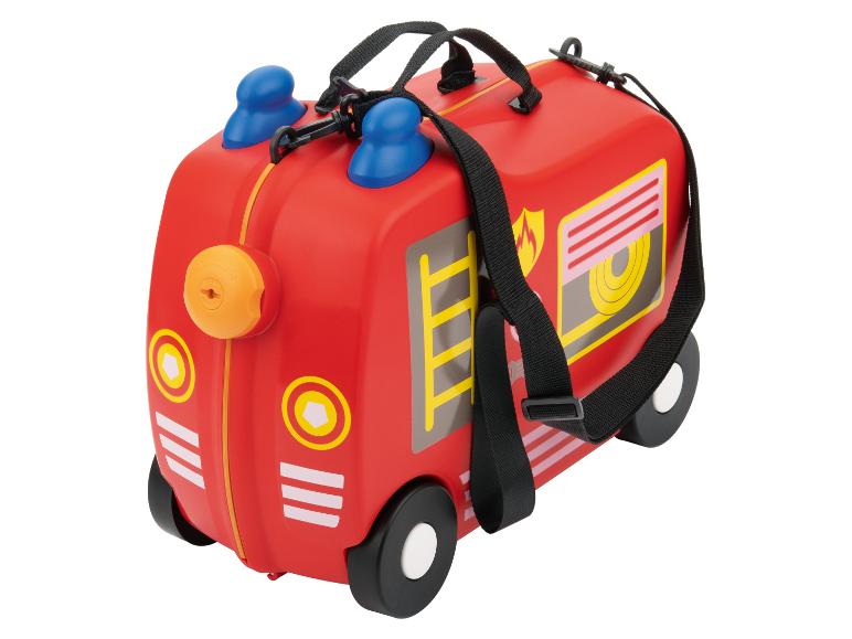 Valise enfant rouge en forme de camion de pompiers avec roues et bandoulière noire