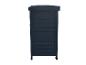 Armoire en bois bleu foncé avec panneaux horizontaux et dessus légèrement incurvé.