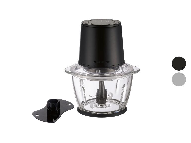 Hachoir de cuisine noir avec bol en verre et deux boutons de commande.