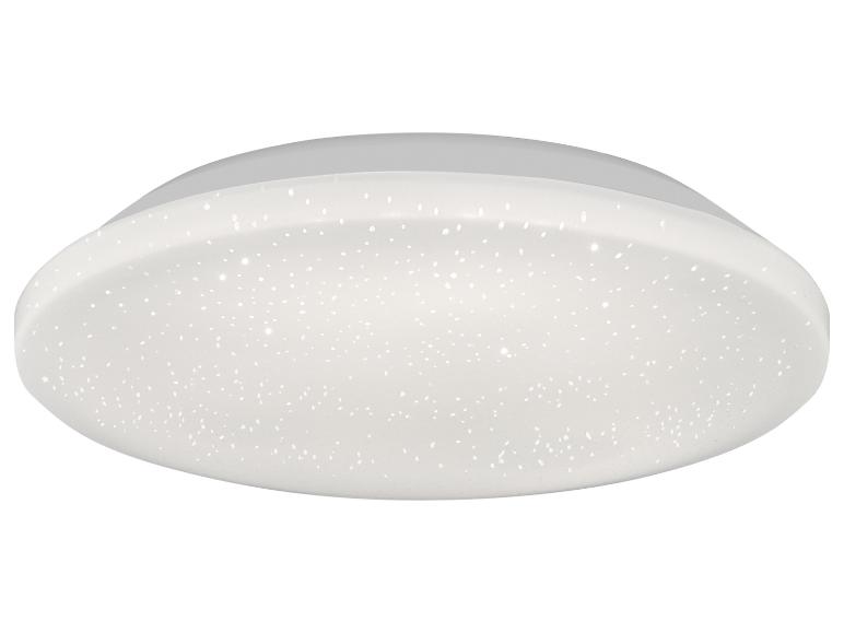 Plafonnier LED rond avec effet ciel étoilé, doté d'un diffuseur blanc et d'une base grise.