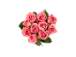 Bouquet de roses roses avec des feuilles vertes sur fond noir.
