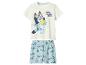 Pyjama enfant blanc et bleu avec personnages de dessins animés et texte 'BED. SLEEP. NOW.'