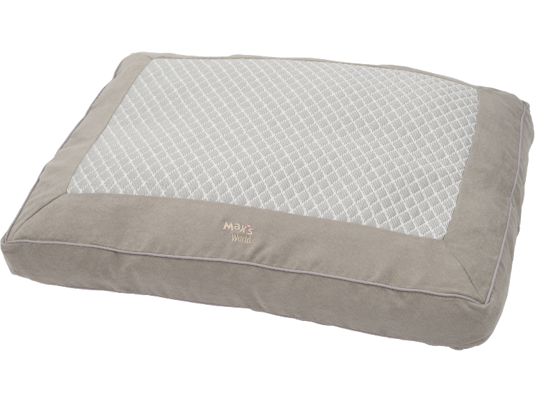 Panier pour chien gris et blanc avec surface de couchage à motif