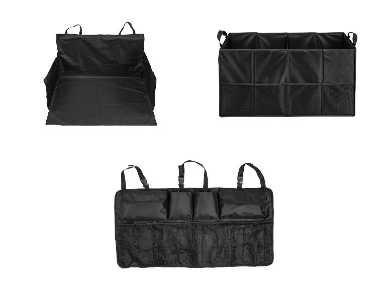 Organisateurs de voiture noirs : une housse de coffre, un organisateur pliable et un organisateur de dossier de siège.